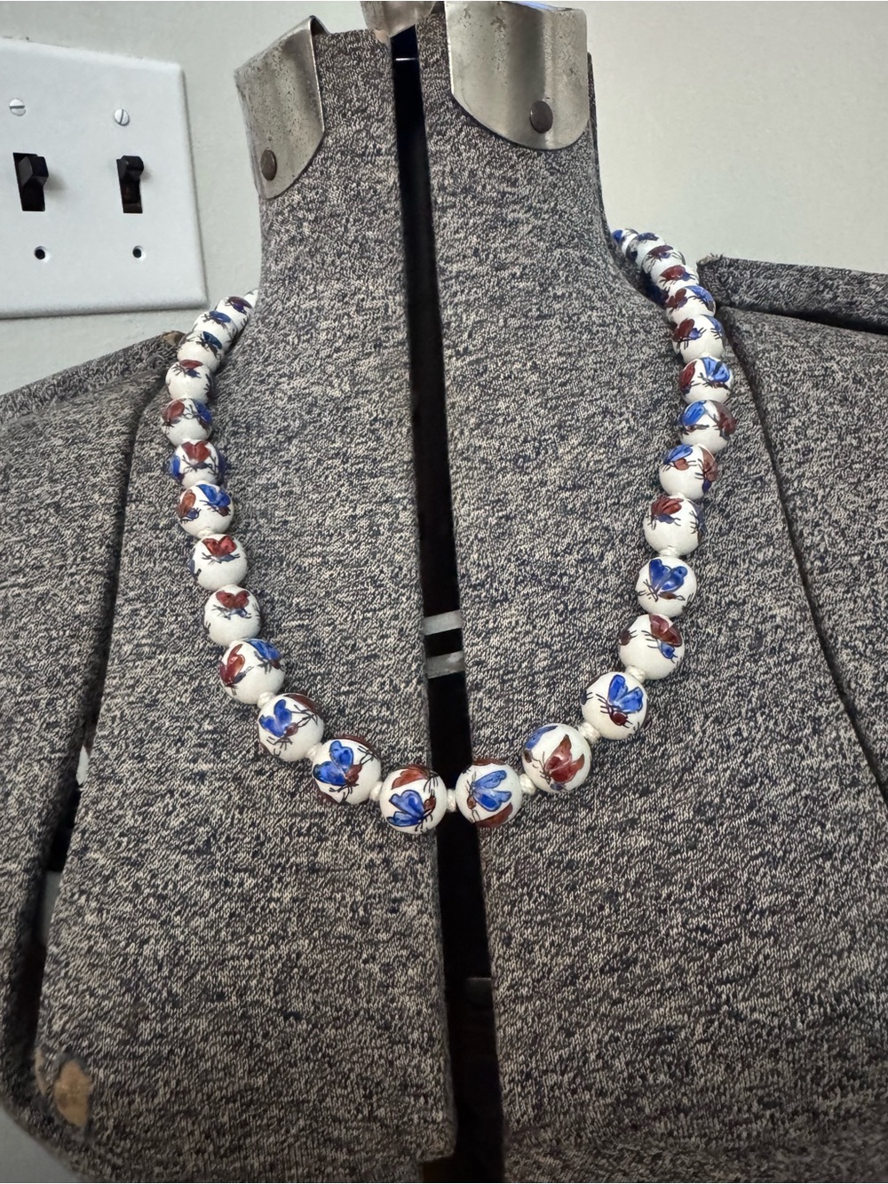 Vintage Hand-Painted Porcelain Butterfly Bead Necklace